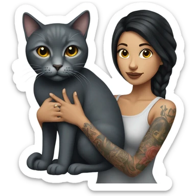Tattooed dark haired woman holding long hair grey cat sticker