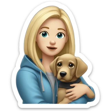 A blonde girl  with blues eyes, with smooth hair and a ray,she has light skin a few freckles, and she wear a hoodies and she Carries in his arms a black baby labrador dog  sticker