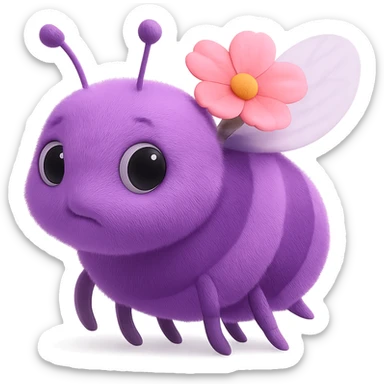 A 3D emoji of a purple bee, facing left, with a neutral expression, detailed texture on its body, slightly blurred wings, and a small flower on its back. sticker