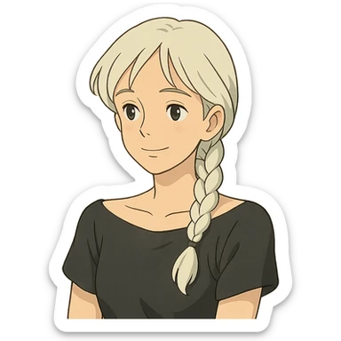 young woman psychologist, white braided hair, black off-shoulder shirt, gentle expression, ghibli style sticker
