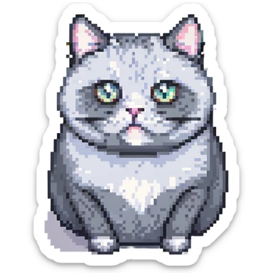 a chubby gray cat with big eyes, pixel art style sticker