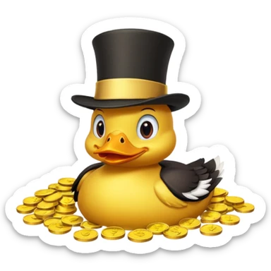 Duck character in top hat swimming in pile of gold coins and money bags sticker