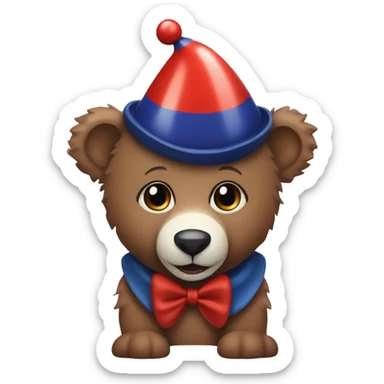 Brown baby bear. Wearing jester collar and a clown hat. The clown accessories are Red, Navy, And white. sticker