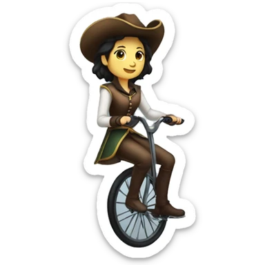 female musketeer riding a unicycle, dark hair, average build, unicycle sticker