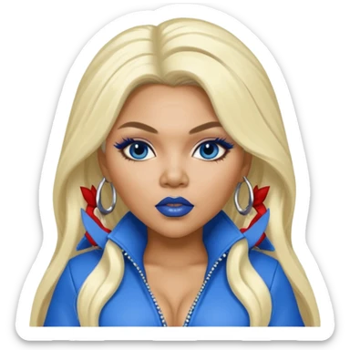 Lil Kim with long platinum blonde hair, blue lip and outfit sticker
