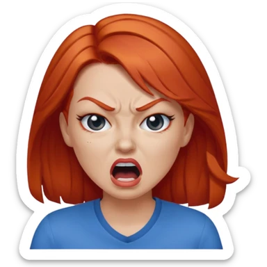 mujer pelirroja con los ojos y los labios maquillados enojada gritando con remera azul sticker