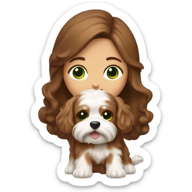 A girl with green eyes and long brown hair is holding a brown Maltese dog with curls on its coat sticker