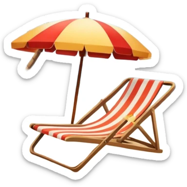 Icon for Beach Tourism: a sandy beach with a lounge chair, sun umbrella and flip-flops, ocean landscape in the background. The icon should capture the relaxation and fun of a beach vacation. Transparent background sticker