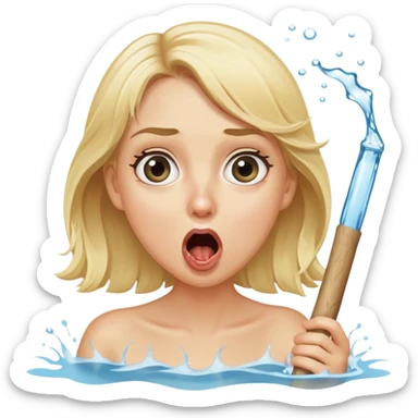 blond woman with wide eyes, holding a wide skin-colored stick with a nibble on the edge, water squirting from the stick into her mouth, shocked face sticker