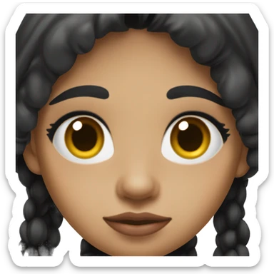 A girl with long black hair tending towards maroon, fair skin, wide black eyes, a small, slanted nose, full lips, a long face, and full cheeks sticker