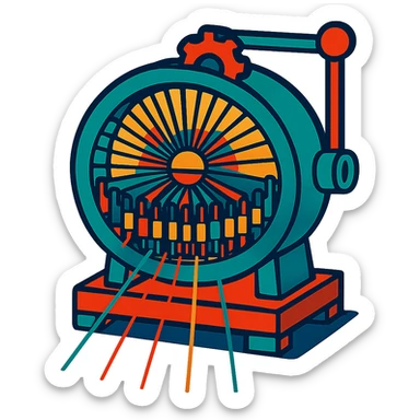 Remove the background from this stylized, colorful circular weaving machine with visible threads, keeping the style and details the same. sticker