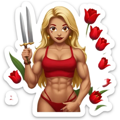 sexy tanned slavic girl, with knife, evil smile, sexy and muscled, long golden hair, flowers, flexing pose, full body nude, beautiful eyes with makeup, colored lips, makeup, earrings, tattoes, muscled and nude, surrounded by dark red tulips sticker