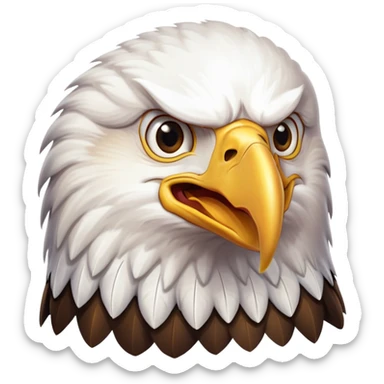 bald eagle with open beak from front view, white head, yellow beak sticker