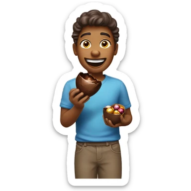 A person happily opening a chocolate surprise egg like a Kinder Surprise sticker