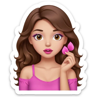 girl with long wavy brown hair, brown eyes, light to medium complexion, in a pink sexy top, pink lips, long lashes, shhhh sticker