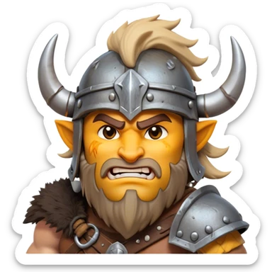 Clash of Clans aesthetic: Cinematic Fierce Barbarian Portrait Emoji, Poised and bold with a rugged yet cartoonish build in tattered furs and a horned helmet, expressive bright eyes and a confident smirk, Simplified yet dynamic features, highly detailed, glowing with a vivid, adventurous aura, high shine, heroic and spirited, stylized with an air of medieval warrior charm, focused and energetic, soft glowing outline, capturing the essence of a fearless barbarian adventurer ready to lead his clan with spirited valor! sticker