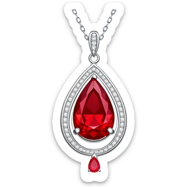 enchanted ruby talisman, teardrop shape, glowing with life force, encircled by white stones on a floating silver chain sticker