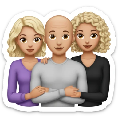 throuple tatted bald boyfriend with two girlfriends, one long blonde hair, other short curly brunette  sticker