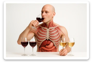 corpo umano con apparato digerente che  ha davanti a sè un tavolo bianco con sopra qualche bicchiere di vino bianco e qualche bicchiere di vino rosso, lui sta bevendo un bicchiere di vino rosso, non fare che ha il dito sulla fronte, prendi solo spunto dallo stile grafico della foto che ho allegato, sfondo bianco, stile realistico, non disegnato, 4k sticker