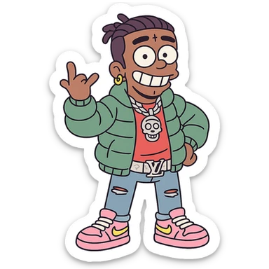 cartoon style Lil Uzi Vert wearing flashy streetwear, confident pose, bright background sticker