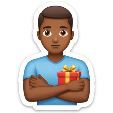 A person with crossed arms, refusing to accept a gift sticker