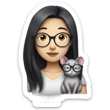 A korean girl with long black hair and circle frame glasseswhispering to a grey rat sticker