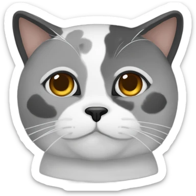 senior chubby diluted calico cat, white chin, black nose, grey ears, grey and white sticker