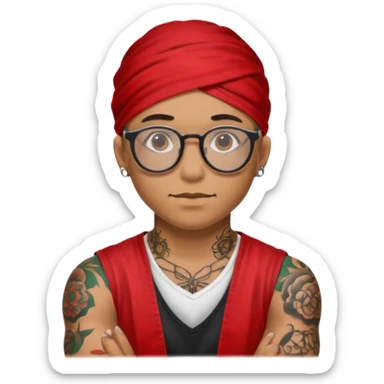 character with bandana and glasses and tattoed sticker