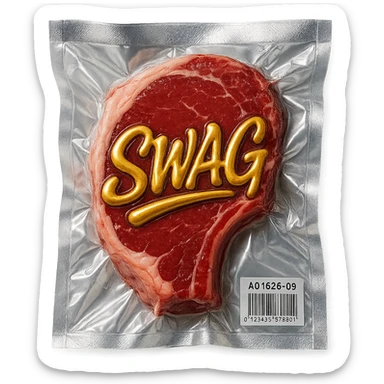 steak with gold script 'SWAG' written across, glossy and puffy, vacuum-sealed style sticker