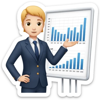 person presenting in front of a simple chart or graph, wearing a blazer and a confident posture sticker