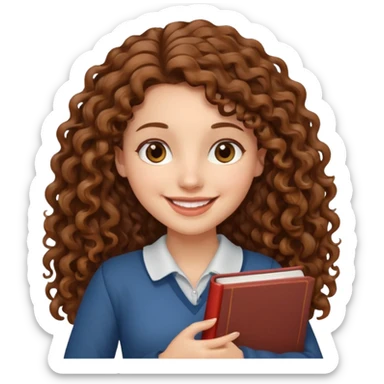 Long Hair Women with Book, Brown curly hair, happy

 sticker