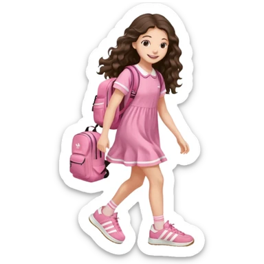 aestethic brunette very,very,very long wavy hair walking with a school backpack (no brand) with a cute pink dress, adidas samba shoes sticker