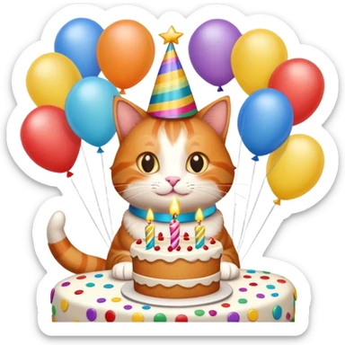 Ginger cat celebrates birthday, birthday hat, birthday cake, balloons, happy, gifts sticker