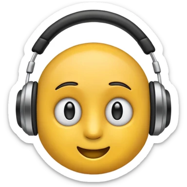 Ein gelber runder Emoji der die Augen geschlossen hat. Total im moment. Glücklich, leichtes lächeln. Verträumt. Leichtigkeit. Freiheit. Overearkopfkörer auf und im hintergrund kleine musiknoten sticker