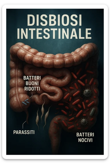 Immagine verticale, realistica e cinematografica in italiano: focus su un intestino umano con disbiosi, batteri buoni ridotti, parassiti e batteri nocivi in evidenza, atmosfera clinica e luci drammatiche, didascalie in italiano, 2:3. sticker