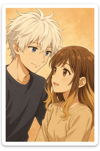 anime style, a boy with messy white hair and blue eyes looking at a girl with brunette and blonde hair and brown eyes, both showing affection sticker