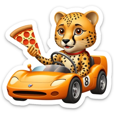 A cheetah in a race car eating a slice of pizza sticker