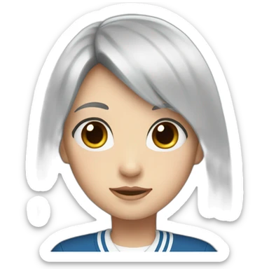 girl with long black hair, thick bangs, blue eyes, red school uniform sticker