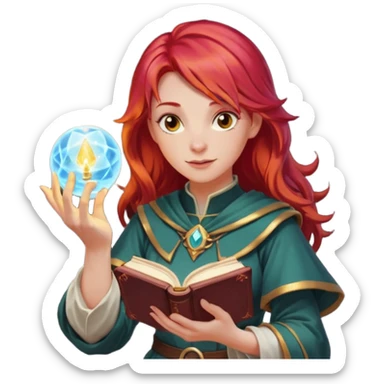 female dnd cleric with red hair holding a magic book in one hand and having a ball of light in the other sticker