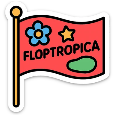 flag on a stick with a whimsical, fictional 'Floptropica' design, colorful and playful sticker