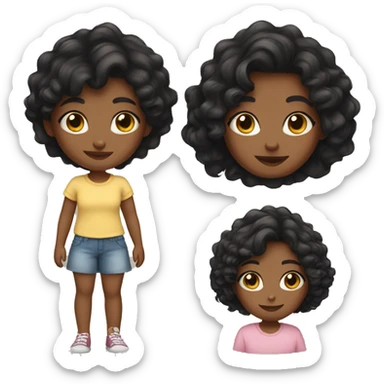 Girl with wavy black hair and cute cat sticker