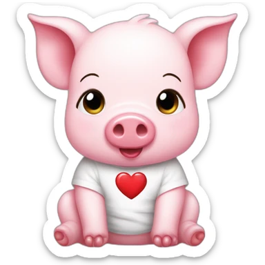 A pink baby pig with a white t-shirt on which there is a red heart, sticker