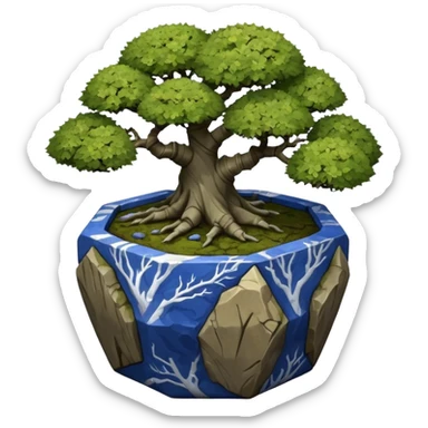 American very old broken cracked intricate Stone Age rocky-crusted dodecahedron-shaped shallow dark moss rough bark blue willow flowered maple tree bonsai pot sticker