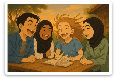 Continuation of the image: Everyone is laughing together, the wind is still blowing, visible on the book, hair, and clothes. Keep the faces very close to the original, same setting, outdoor ambiance, evening light. sticker