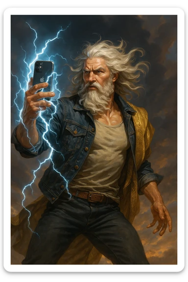 Modern Zeus with lightning and an iPhone, dynamic pose sticker
