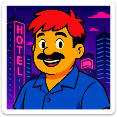 Make the face a bit rounder and add a smile, keep the vibrant toon style, neon city background, and all original colors and lighting sticker
