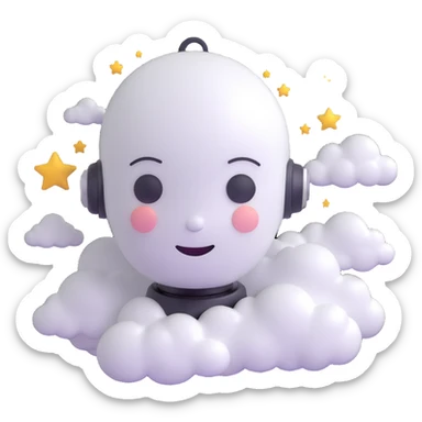 minimalist 3D cartoon-style icon of a peaceful robot head with eyes closed, gentle smile, clouds and stars around the head, simple clean lines sticker