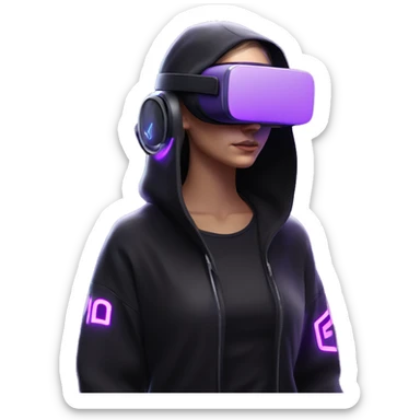 Russian girl wearing black hoody with violet letters "OMG", in vr headset oculus quest2. Standing like jedi. Cyberpunk style. Violet neon. sticker