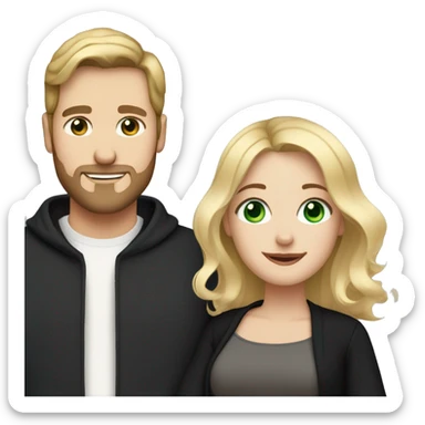 Pregnant blonde with a wavy bob and green eyes with brown haired husband with blue eyes and a light beard both wearing black clothes sticker