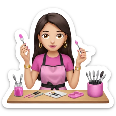 Fille cheveux long châtain foncé, peau beige type européen yeux marron, teeshirt rose avec un tablier noir, piercing au nez anneau doré, boucle d’oreille type diamant doré. Elle fait les ongles nail artiste sticker